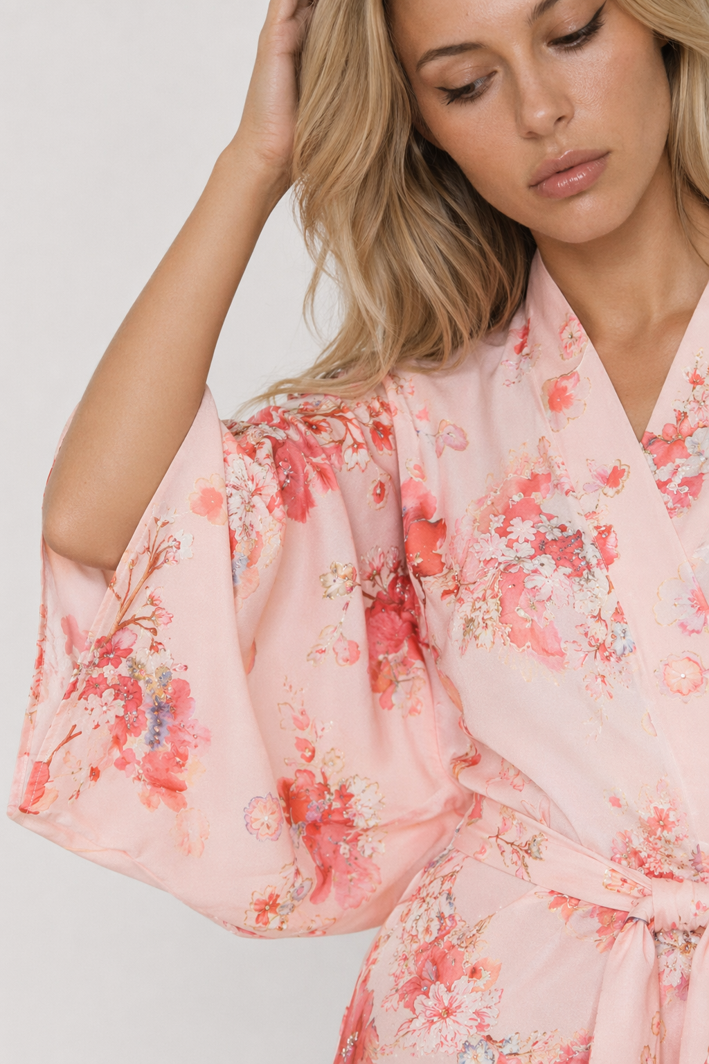 Floral Printed Traditional Kimono Robe Pink