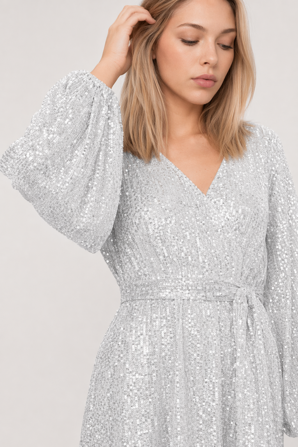 Sequin Surplice Tie Waist Mini Dress Silver