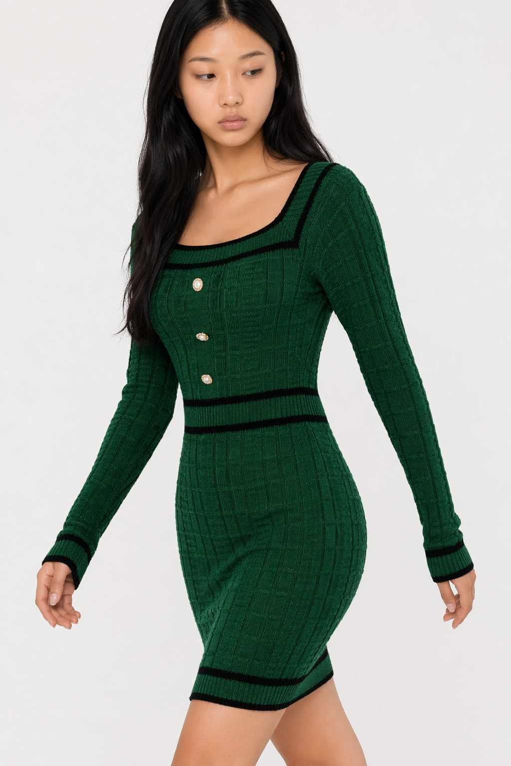 Contrast Trim Long Sleeve Sweater Dress Dark Green