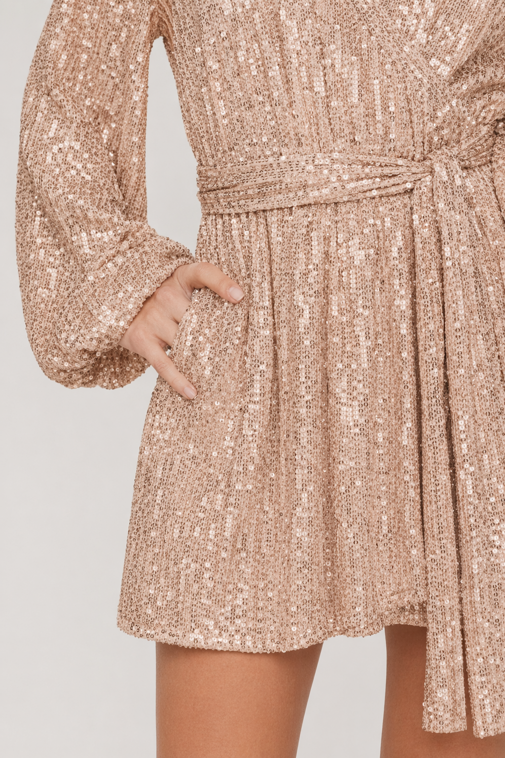 Sequin Surplice Tie Waist Mini Dress Apricot
