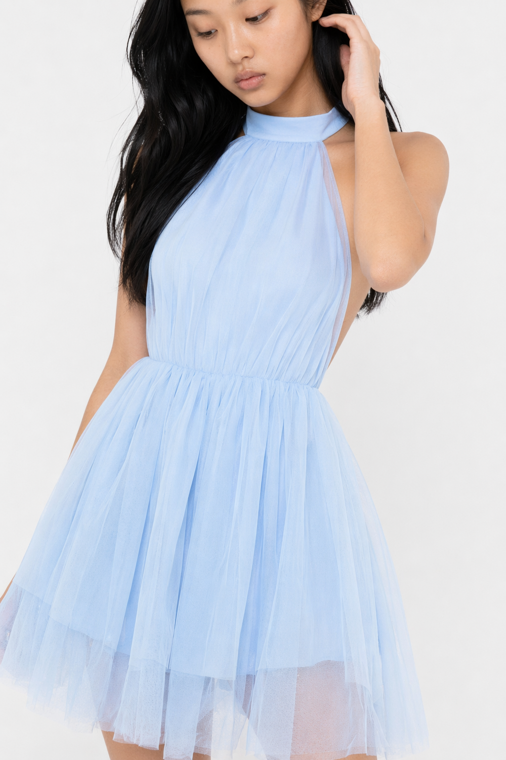 Halter Neck Backless Mesh Dress Pastel Blue
