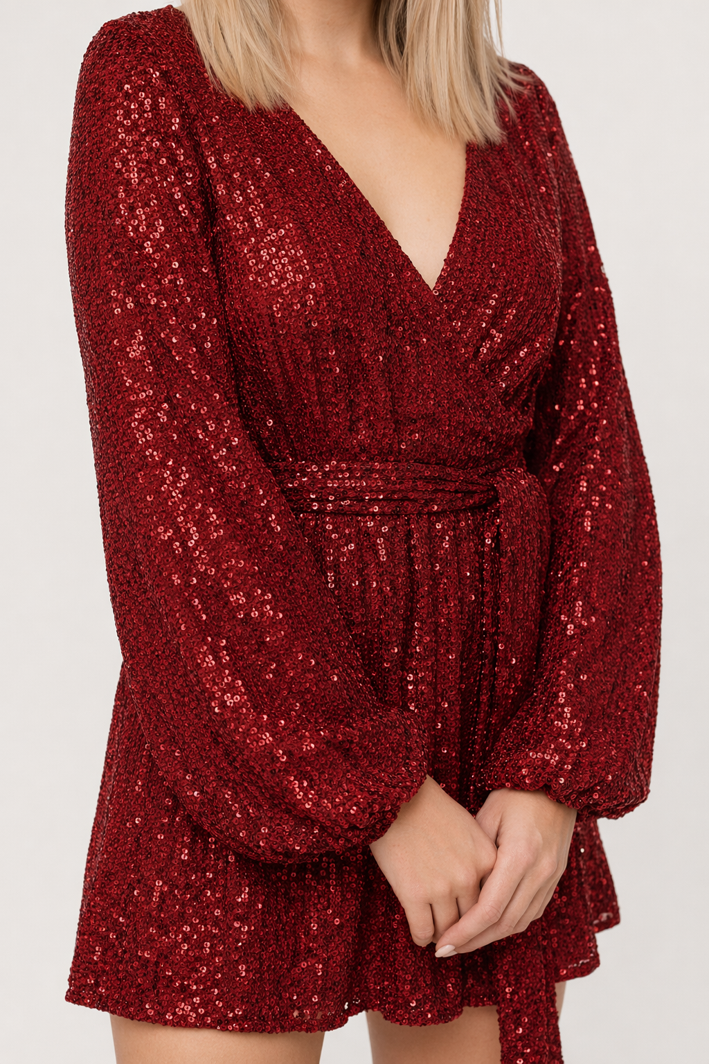 Sequin Surplice Tie Waist Mini Dress Deep Red