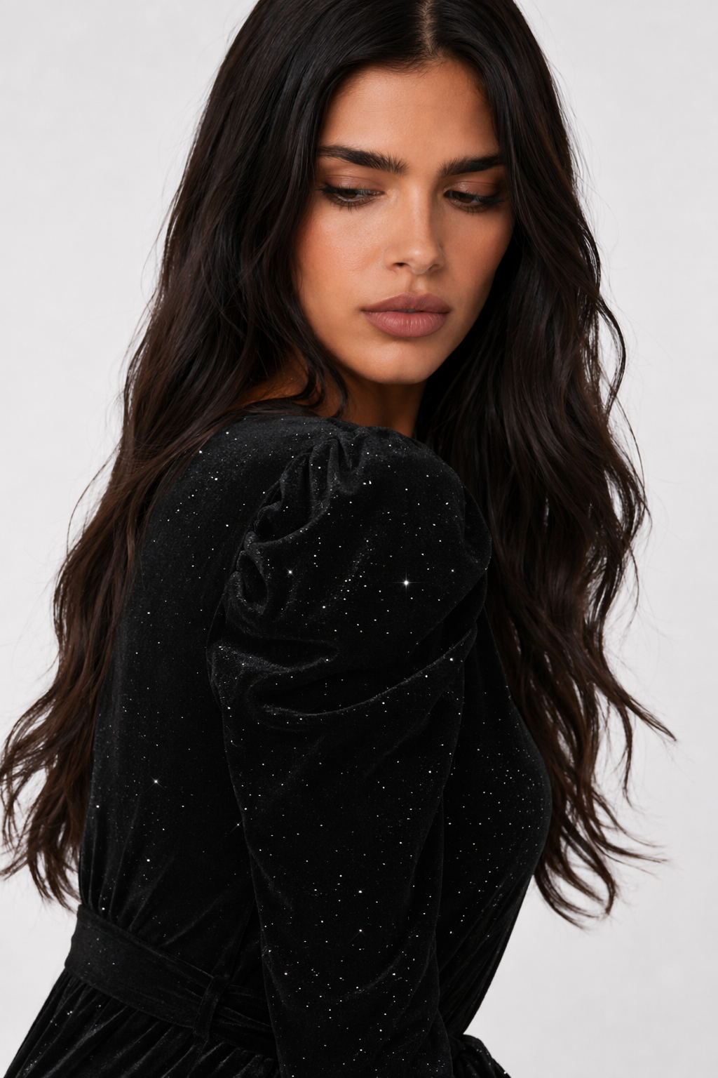 Glitter Round Neck Puff Sleeve Dress Black