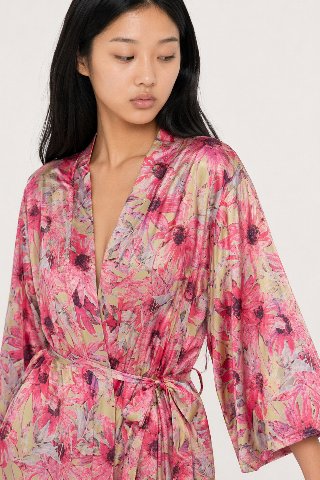 Satin Kimono Robe - Japanese-inspired Cozy Pink