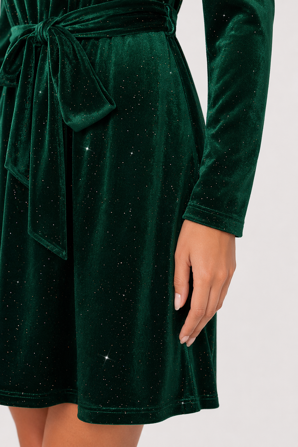 Glitter Round Neck Puff Sleeve Dress Dark Green