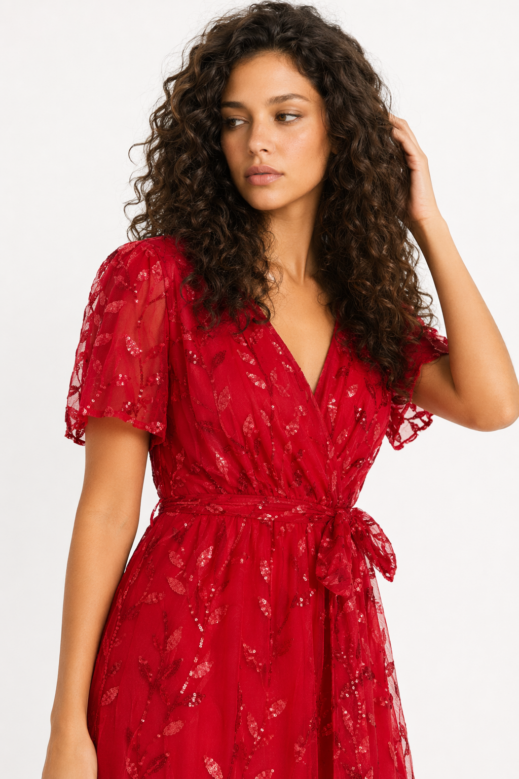 Sequin Leaf Embroidery Tie Front Short Sleeve Dress Deep Red