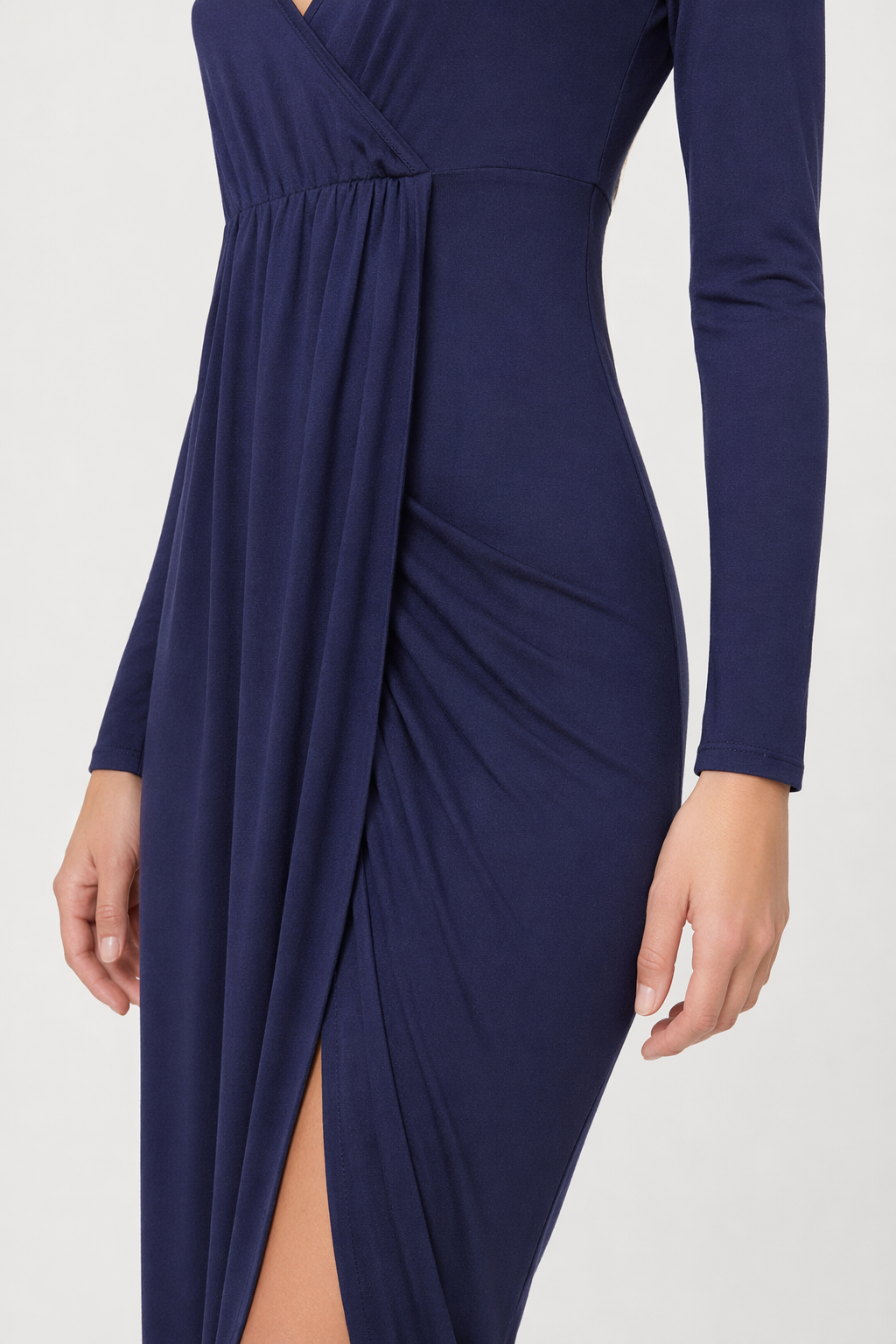High-low Ruched Surplice Long Sleeve Dress Navy