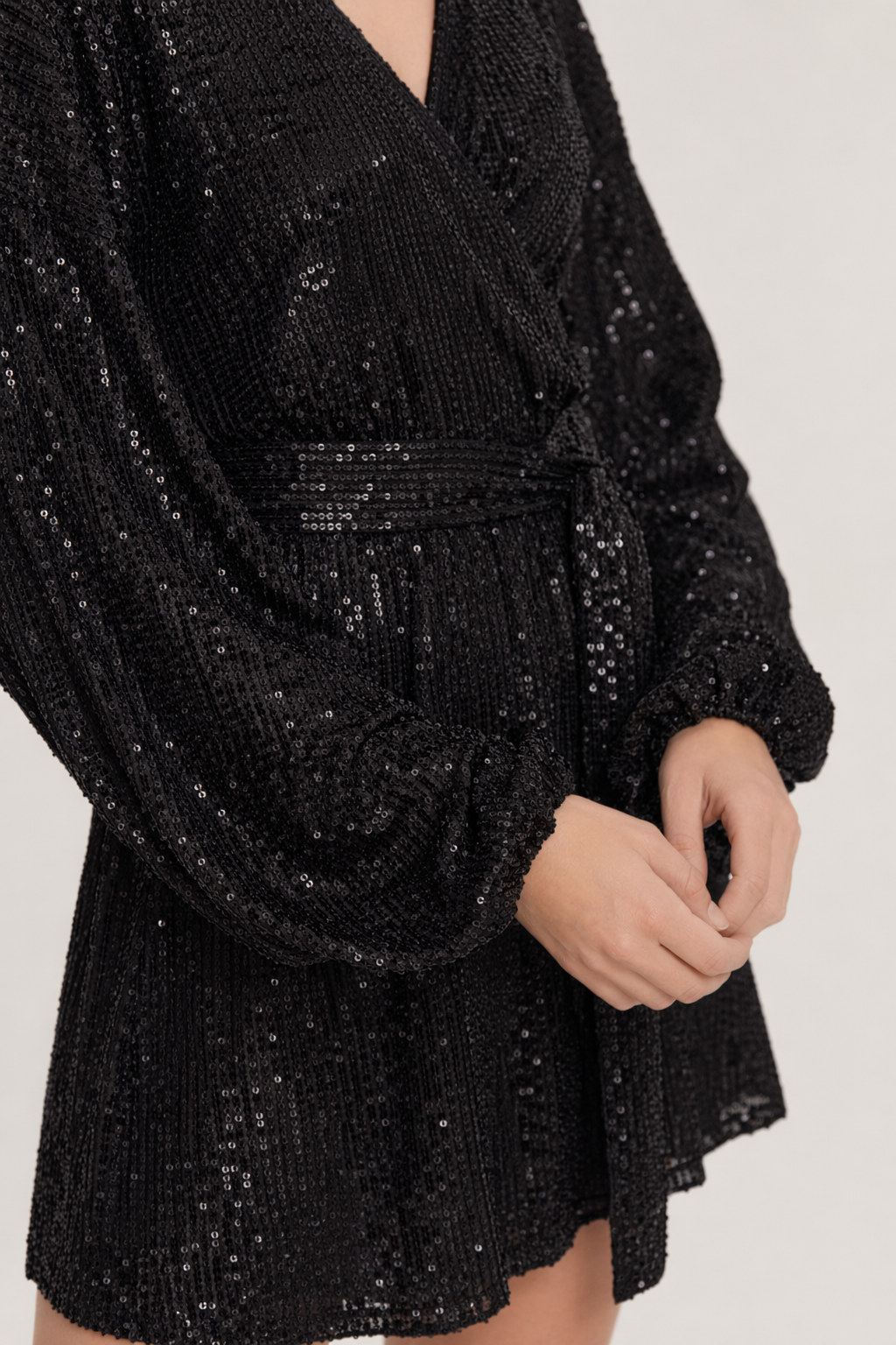 Sequin Surplice Tie Waist Mini Dress Black