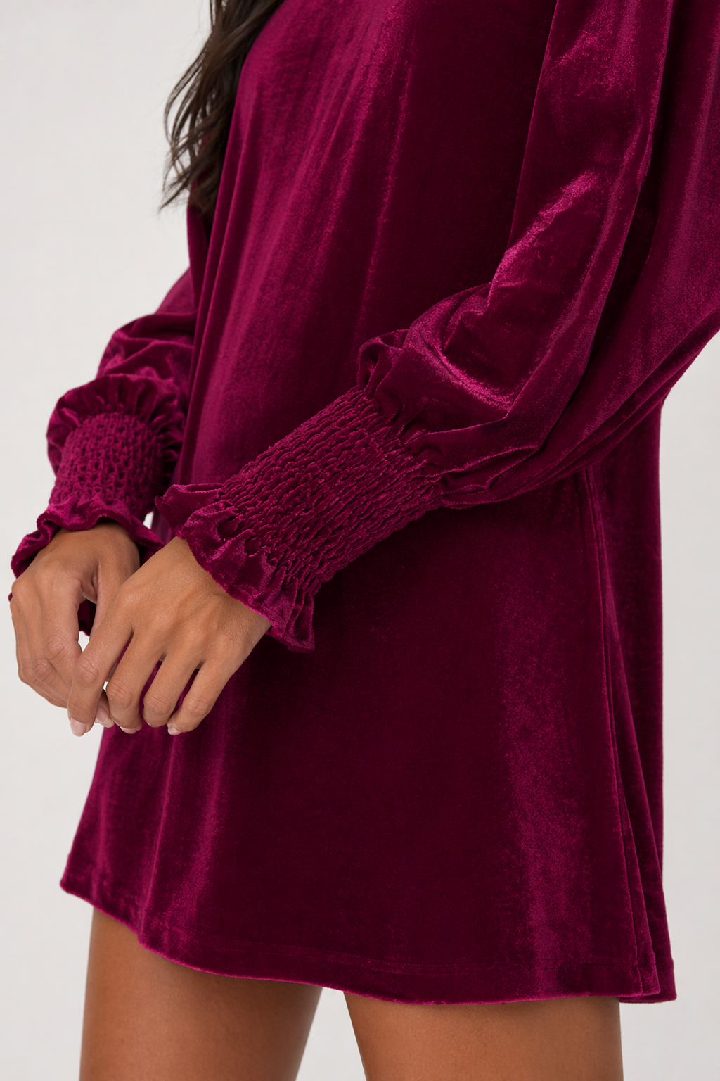 Full Size Mock Neck Smocked Long Sleeve Mini Dress Deep Rose