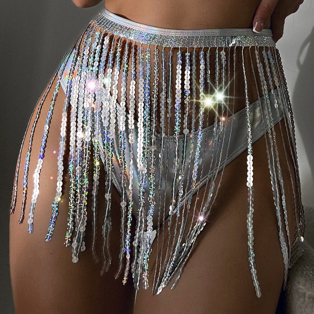 Metallic Sequin Bikini Set with Tassel Skirt