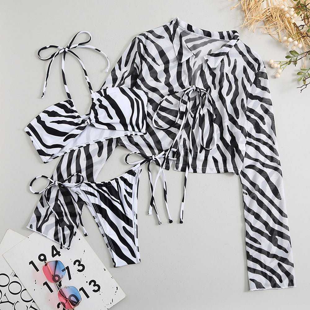 Striped Strapless Bikini Set with Cover Up