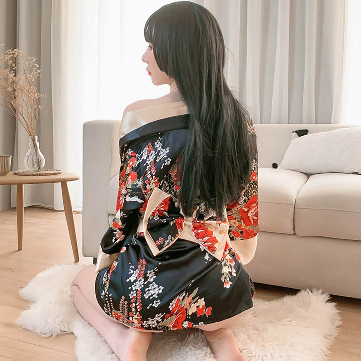 Flower Print Short Kimono - 2 Colors for Women's Traditional Japanese Yukata