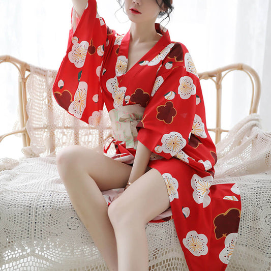 Japanese Sakura Girl Kimono Sleepwear Deep V-neck Satin Floral Printed Nightwear Bath Robe Costume