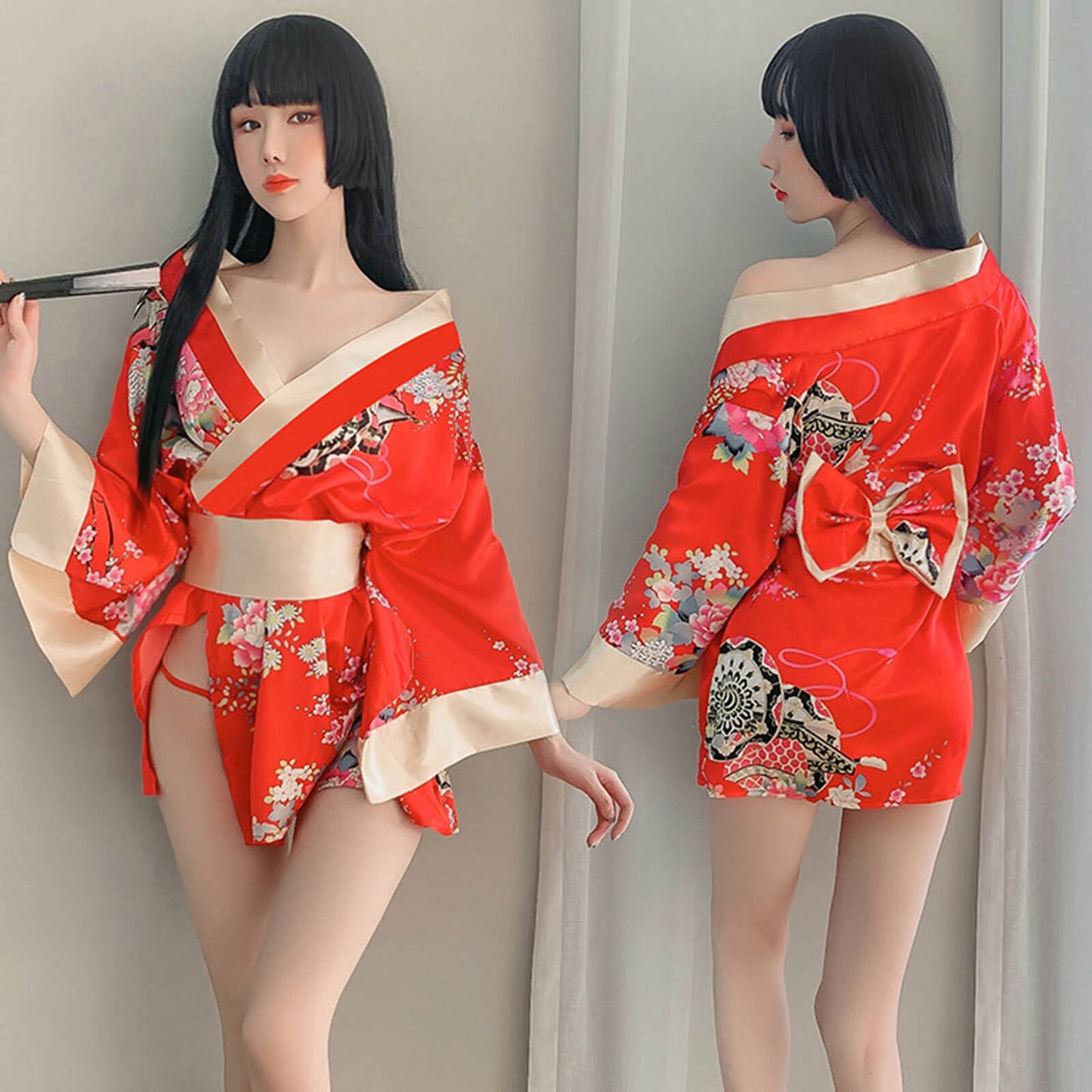 Flower Print Short Kimono - 2 Colors for Women's Traditional Japanese Yukata