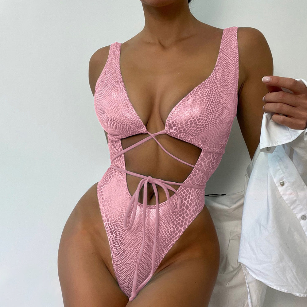 Maximized Snake Print Deep V Neck Monokini