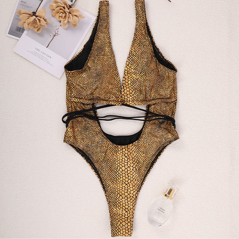 Maximized Snake Print Deep V Neck Monokini