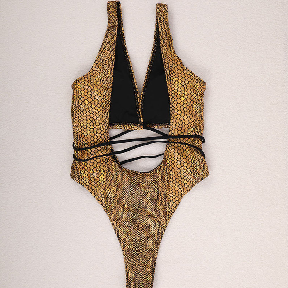 Maximized Snake Print Deep V Neck Monokini