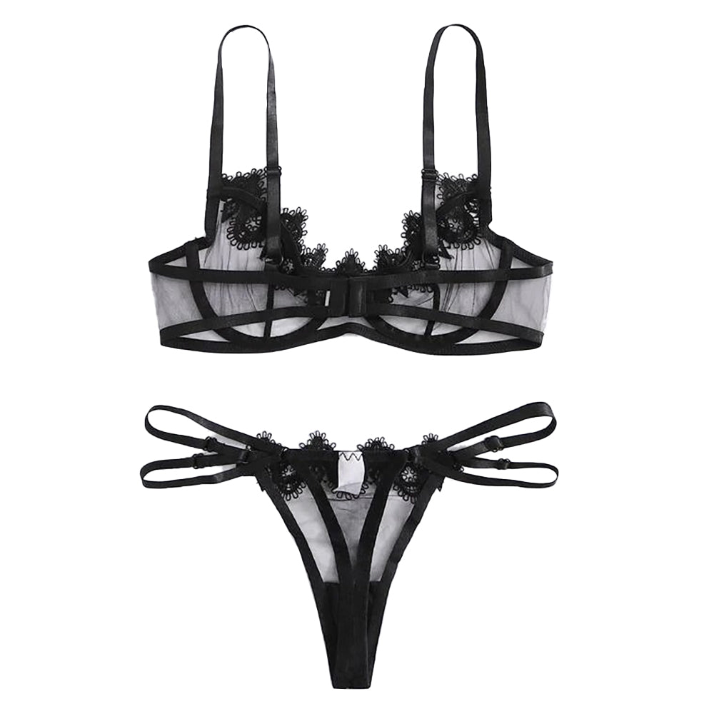 Sheer Mesh Bra Set with Lace Appliques and Strappy Sides