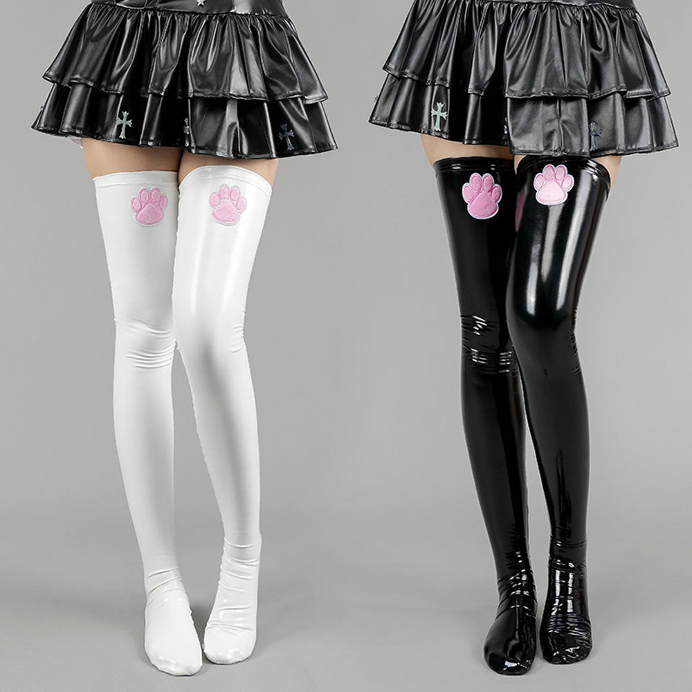 Adorable Faux Leather Cat Paw Thigh High Socks - 2 Color Options