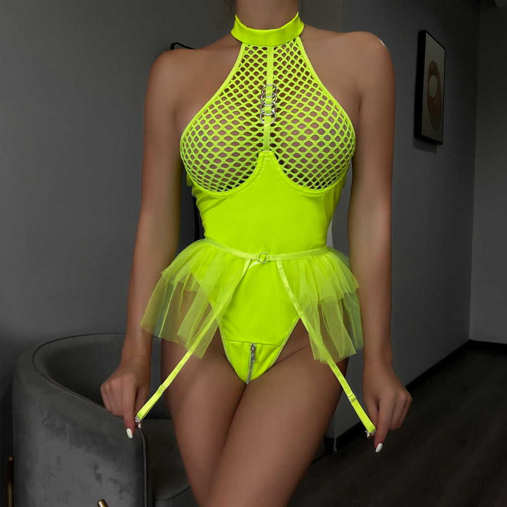 Latex Fishnet Teddy Lingerie Suit