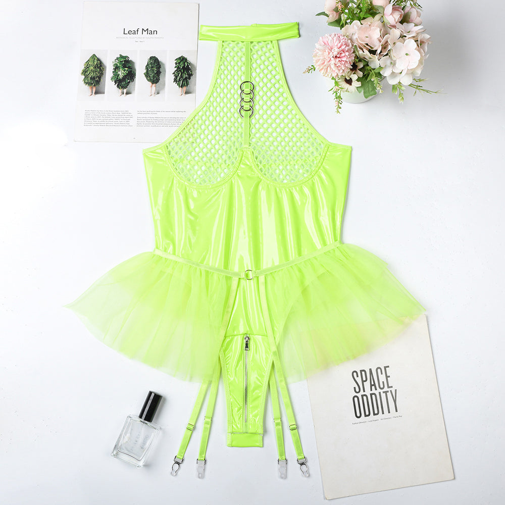 Latex Fishnet Teddy Lingerie Suit