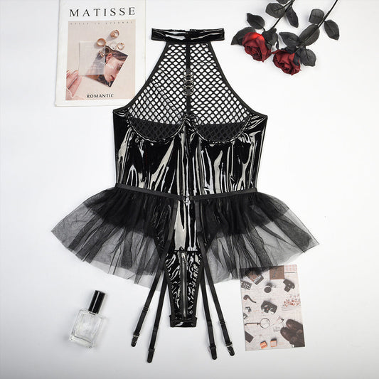 Latex Fishnet Teddy Lingerie Suit