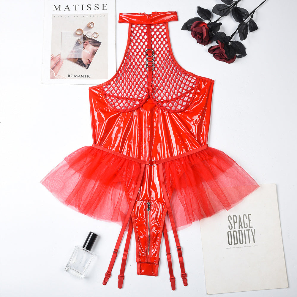 Latex Fishnet Teddy Lingerie Suit