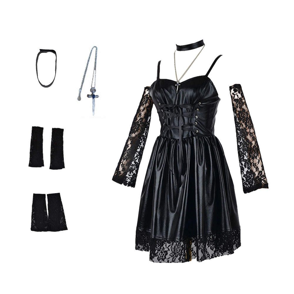 Gothic Anime Cosplay Dress in PU Leather with Spaghetti Straps