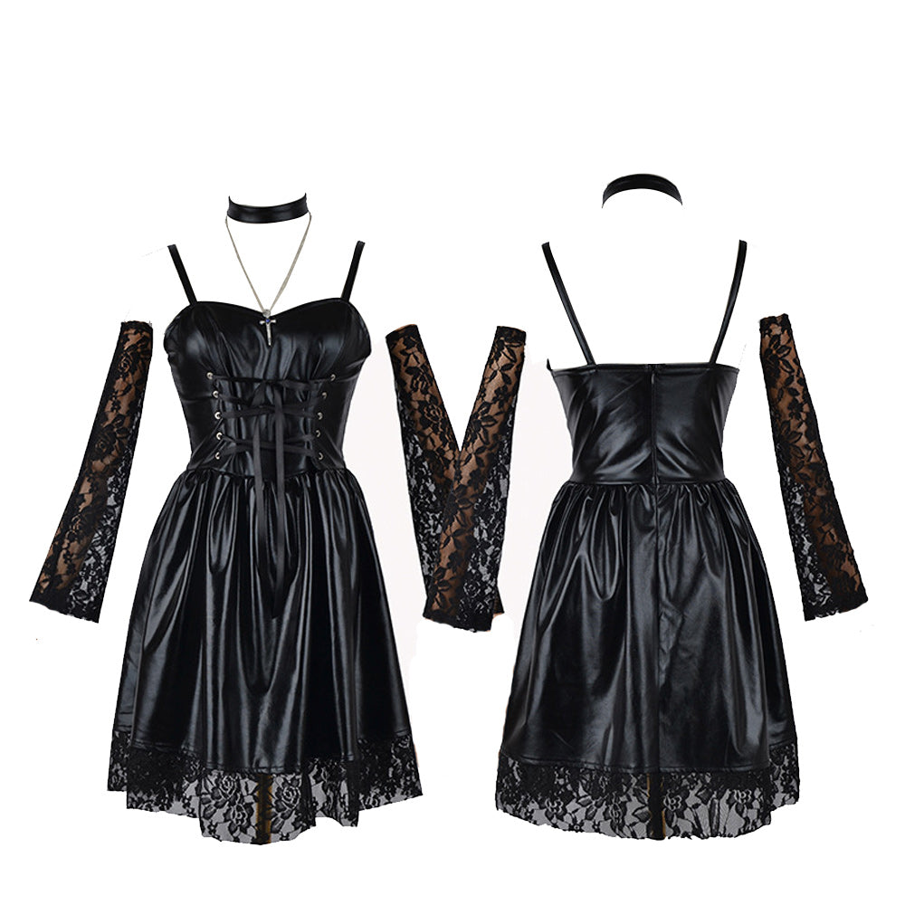 Gothic Anime Cosplay Dress in PU Leather with Spaghetti Straps