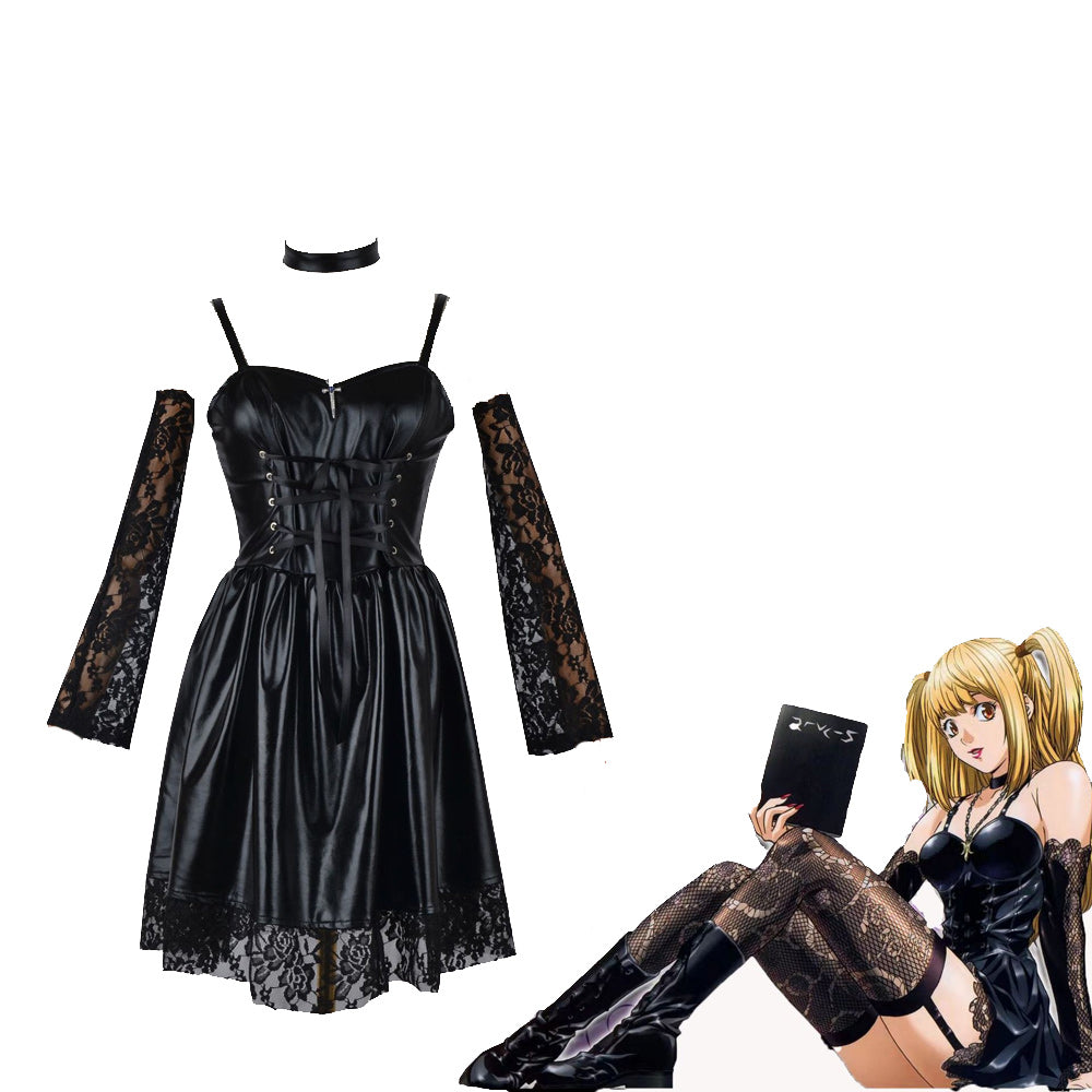 Gothic Anime Cosplay Dress in PU Leather with Spaghetti Straps