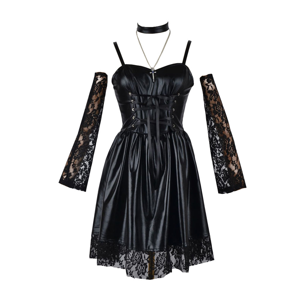 Gothic Anime Cosplay Dress in PU Leather with Spaghetti Straps