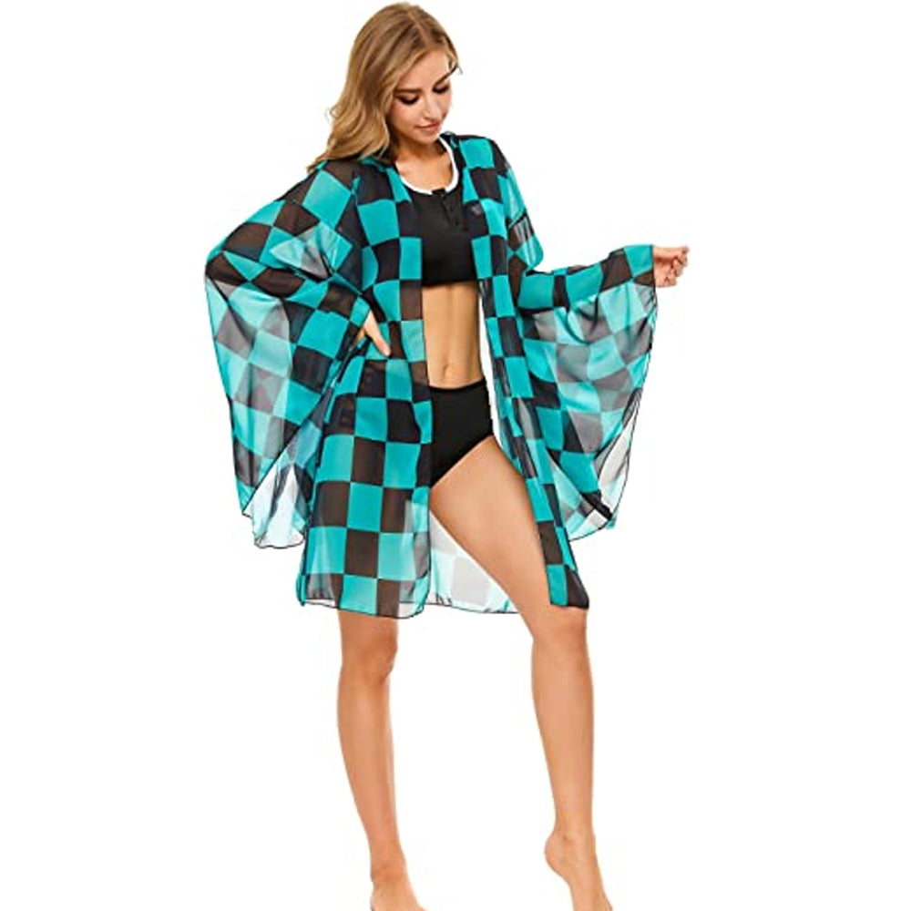 Black Zipper Up Anime Cosplay Swimsuit with Chiffon Kimono Robemax