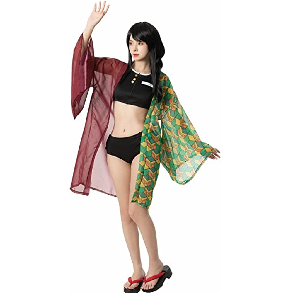 Black Zipper Up Anime Cosplay Swimsuit with Chiffon Kimono Robemax