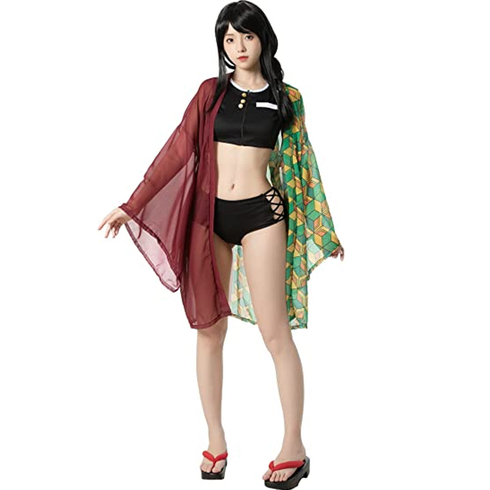 Black Zipper Up Anime Cosplay Swimsuit with Chiffon Kimono Robemax