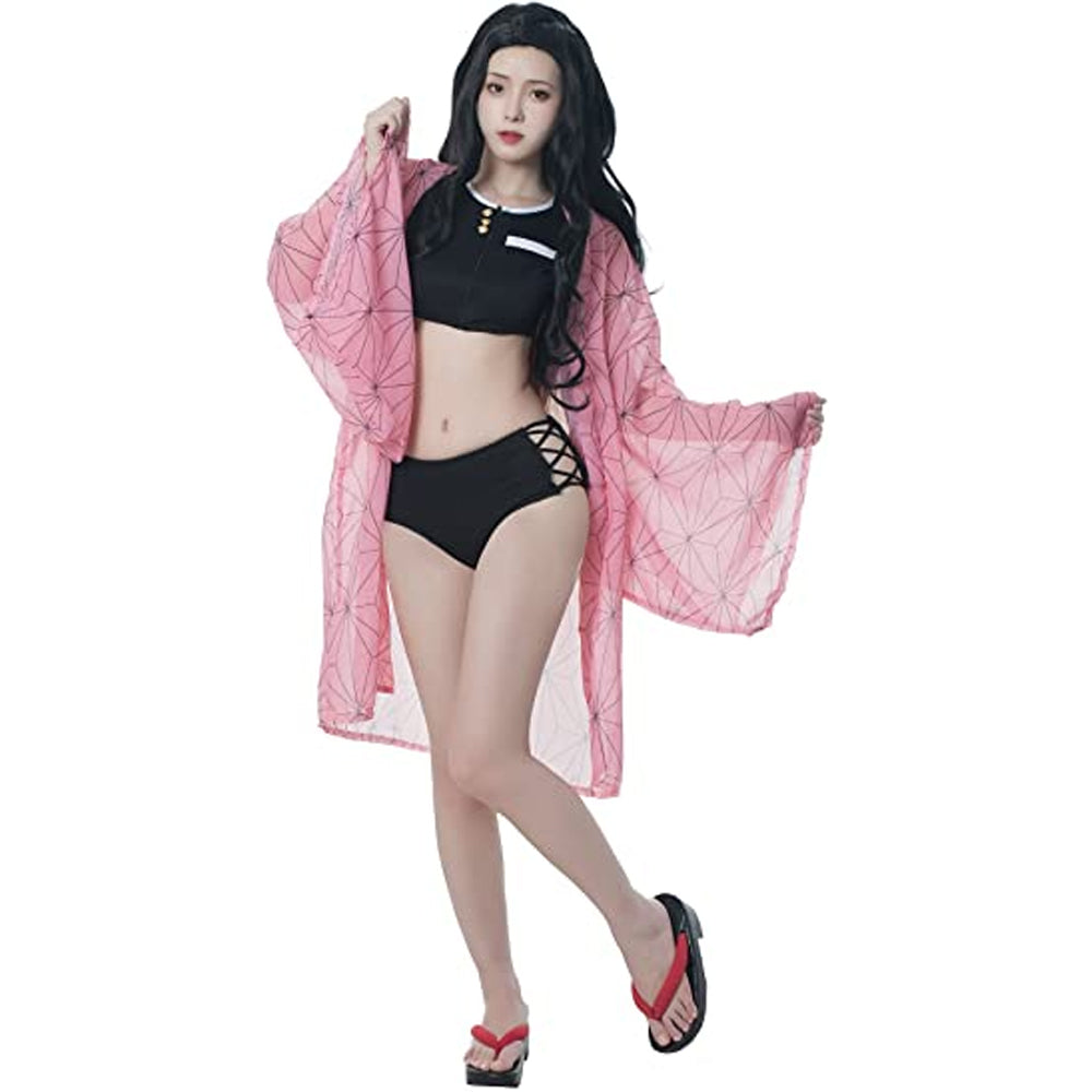 Black Zipper Up Anime Cosplay Swimsuit with Chiffon Kimono Robemax