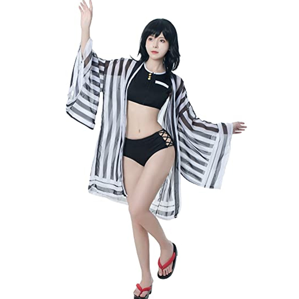 Black Zipper Up Anime Cosplay Swimsuit with Chiffon Kimono Robemax