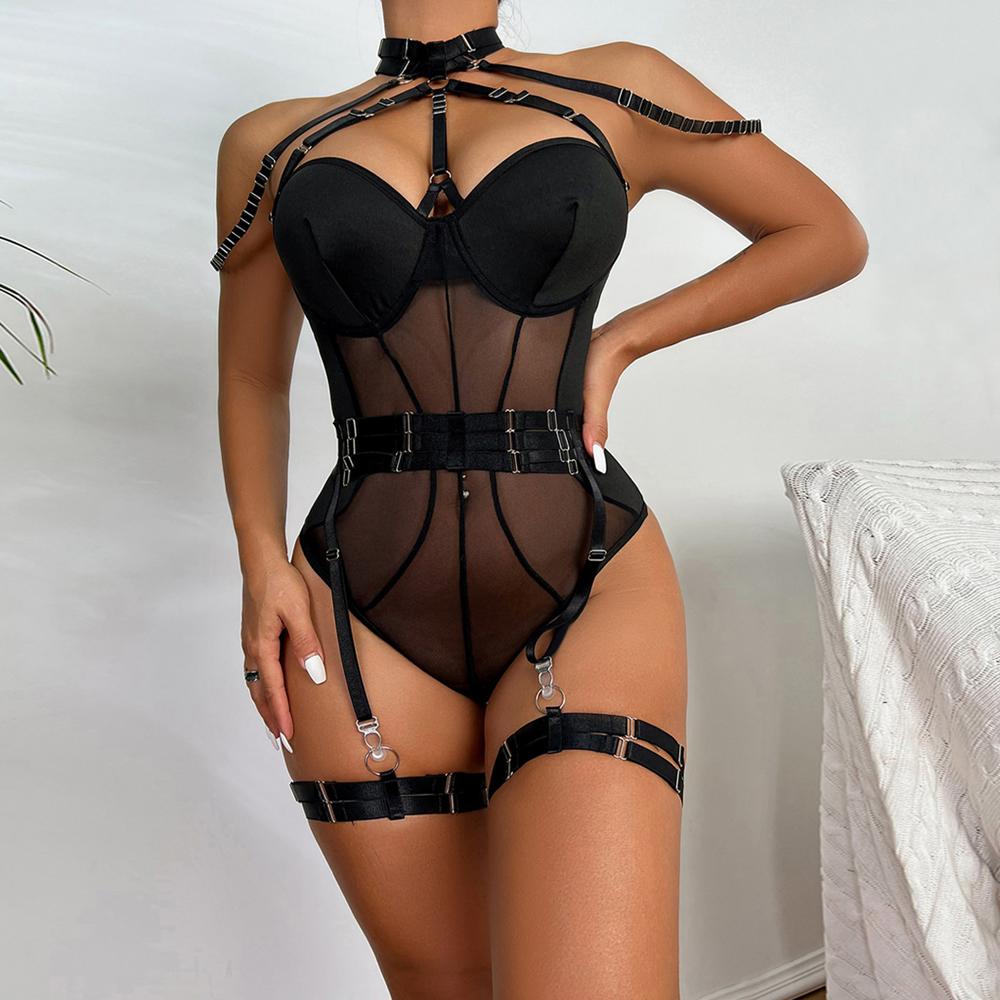 Valentine's Strappy Mesh Bodysuit with Garter Belt