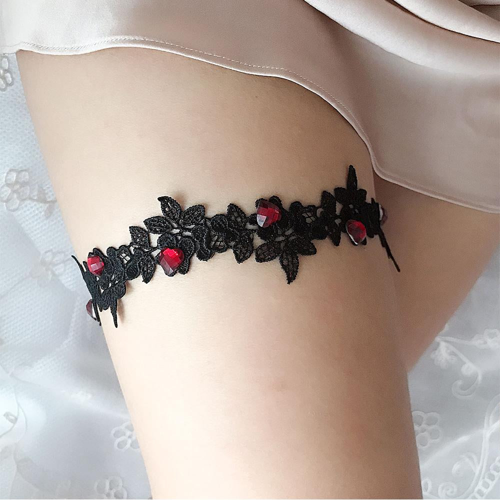 Lace Bridal Garter Set - Rhinestone-Adorned Red Rose Leg Ring