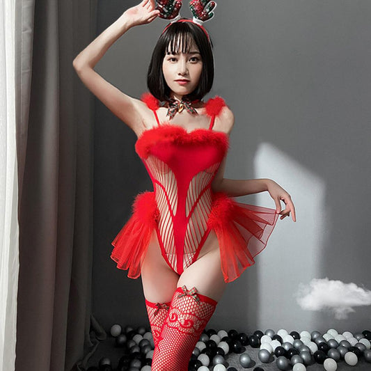 Irresistible Red Mesh Mrs. Claus Bodysuit