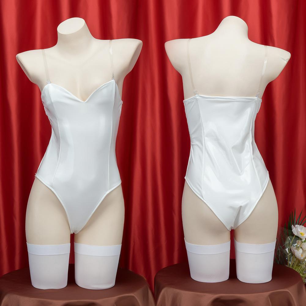 Strapless White PU Leather Romper: Shiny Latex Bodysuit