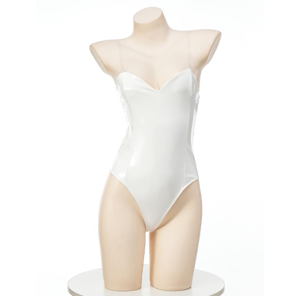 Strapless White PU Leather Romper: Shiny Latex Bodysuit