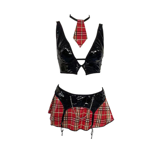 Black Crop Top and Plaid Mini Skirt Schoolgirl Costume