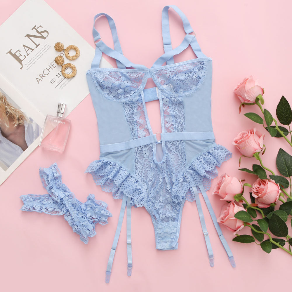 Lace Garter Bodysuit: Demi Bra with Hollow Out Design