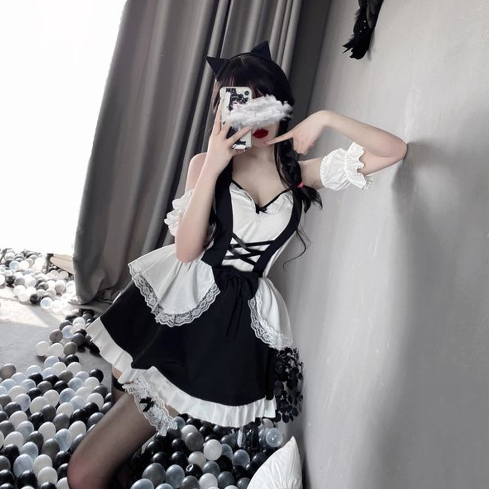 French Maid Anime Lolita Cosplay Dress with Lace Choker