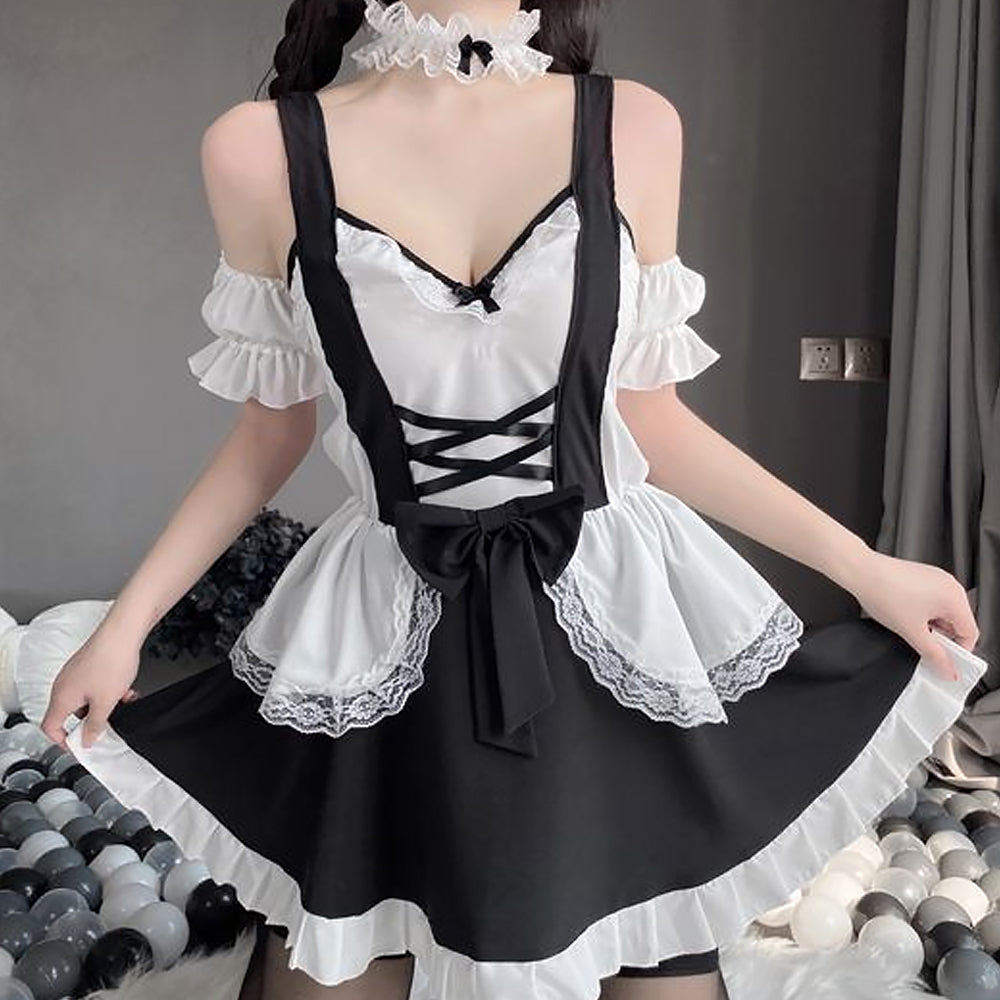 French Maid Anime Lolita Cosplay Dress with Lace Choker