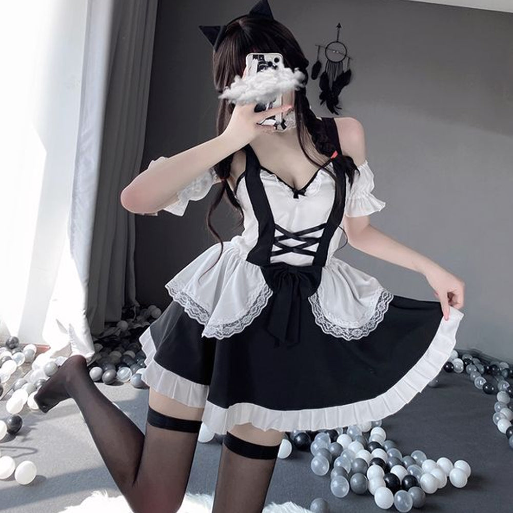 French Maid Anime Lolita Cosplay Dress with Lace Choker