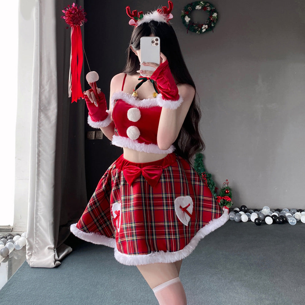 Mischievous Santa Dress Mrs Claus Costume Christmas Plaid Skirt Set