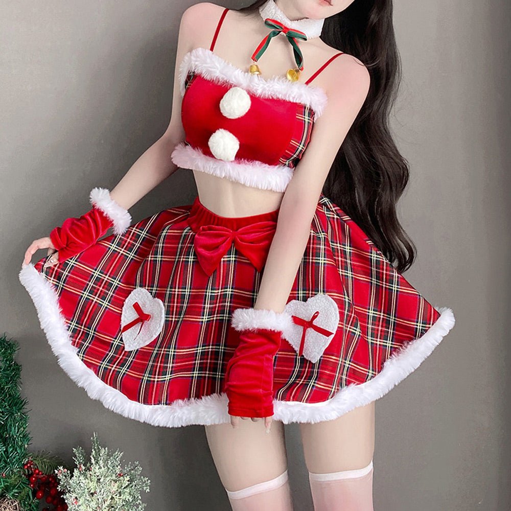 Mischievous Santa Dress Mrs Claus Costume Christmas Plaid Skirt Set