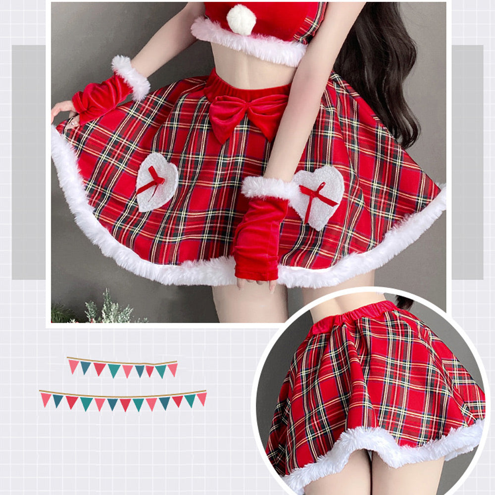 Mischievous Santa Dress Mrs Claus Costume Christmas Plaid Skirt Set