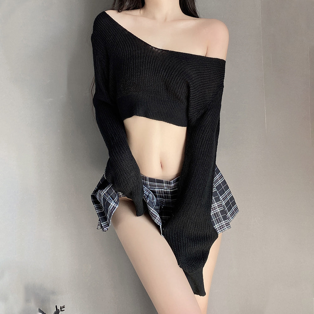 Ribbed Knit Crop Top & Plaid Mini Skirt - Daring Schoolgirl Set